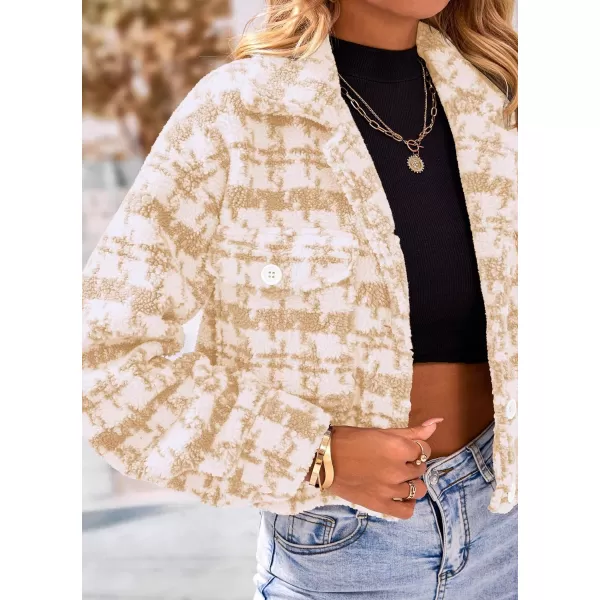 imagePRETTYGARDEN Womens Fall Plaid Shacket Jacket Faux Fur Lapel Open Front Cropped Winter Coats OuterwearLight Khaki