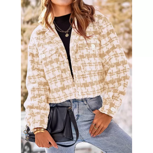 imagePRETTYGARDEN Womens Fall Plaid Shacket Jacket Faux Fur Lapel Open Front Cropped Winter Coats OuterwearLight Khaki