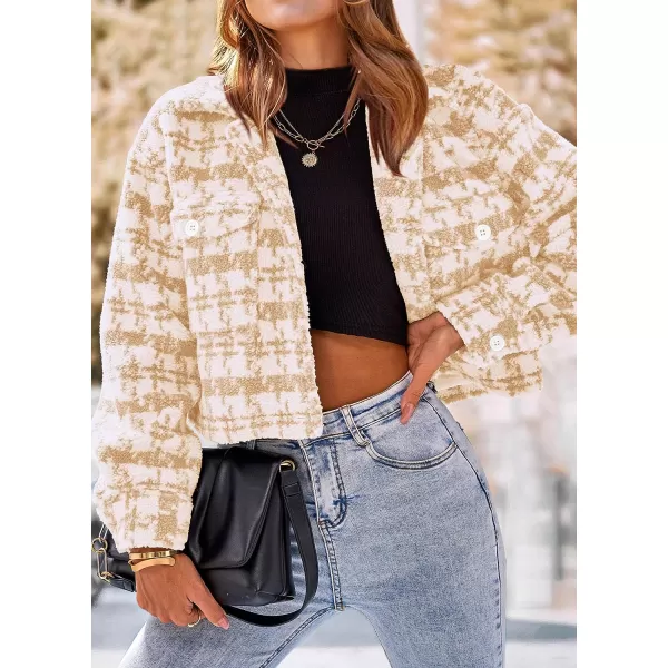imagePRETTYGARDEN Womens Fall Plaid Shacket Jacket Faux Fur Lapel Open Front Cropped Winter Coats OuterwearLight Khaki