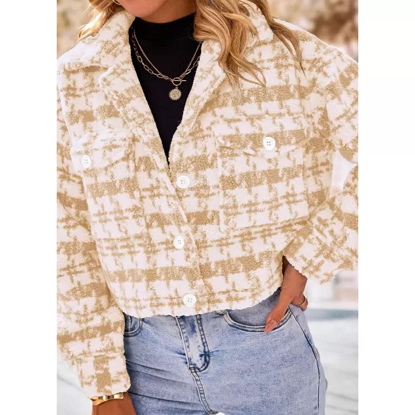 imagePRETTYGARDEN Womens Fall Plaid Shacket Jacket Faux Fur Lapel Open Front Cropped Winter Coats OuterwearLight Khaki