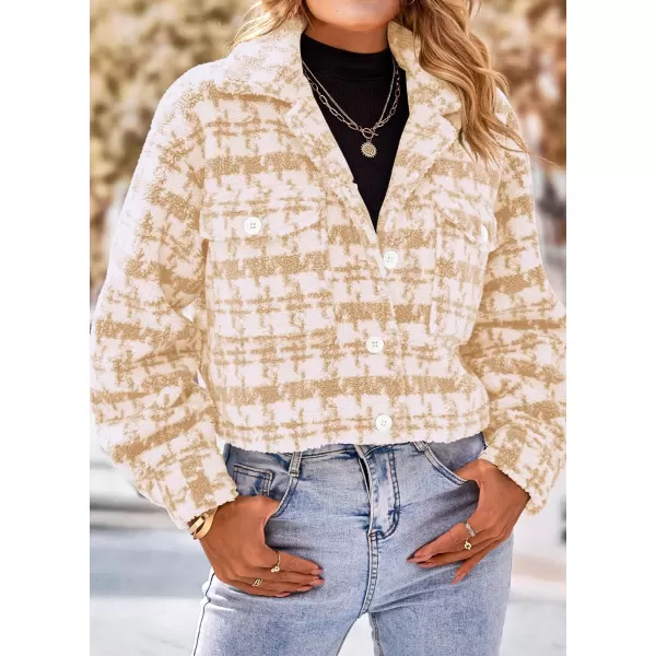 imagePRETTYGARDEN Womens Fall Plaid Shacket Jacket Faux Fur Lapel Open Front Cropped Winter Coats OuterwearLight Khaki