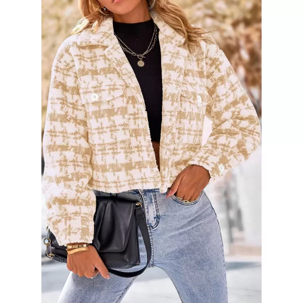 imagePRETTYGARDEN Womens Fall Plaid Shacket Jacket Faux Fur Lapel Open Front Cropped Winter Coats OuterwearLight Khaki