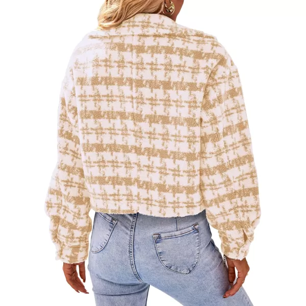imagePRETTYGARDEN Womens Fall Plaid Shacket Jacket Faux Fur Lapel Open Front Cropped Winter Coats OuterwearLight Khaki