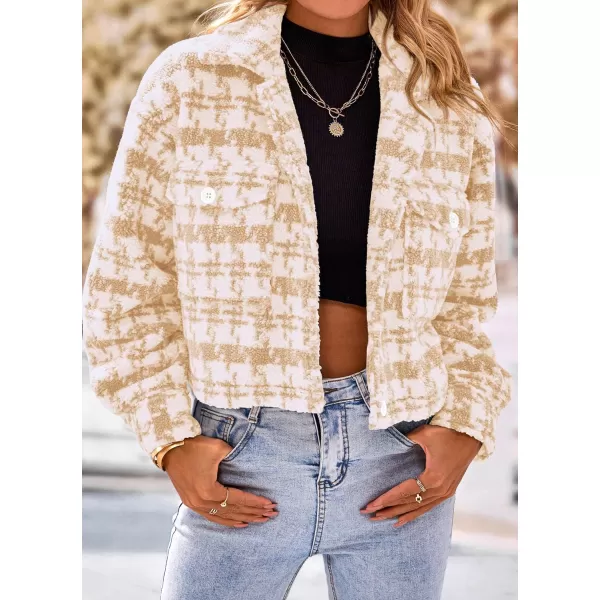 imagePRETTYGARDEN Womens Fall Plaid Shacket Jacket Faux Fur Lapel Open Front Cropped Winter Coats OuterwearLight Khaki