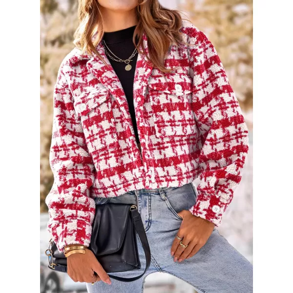 imagePRETTYGARDEN Womens Fall Plaid Shacket Jacket Faux Fur Lapel Open Front Cropped Winter Coats OuterwearRed