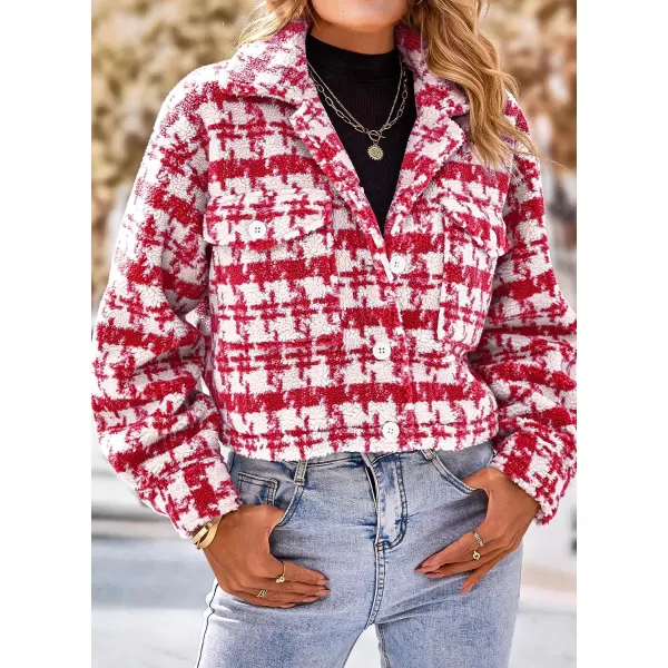imagePRETTYGARDEN Womens Fall Plaid Shacket Jacket Faux Fur Lapel Open Front Cropped Winter Coats OuterwearRed