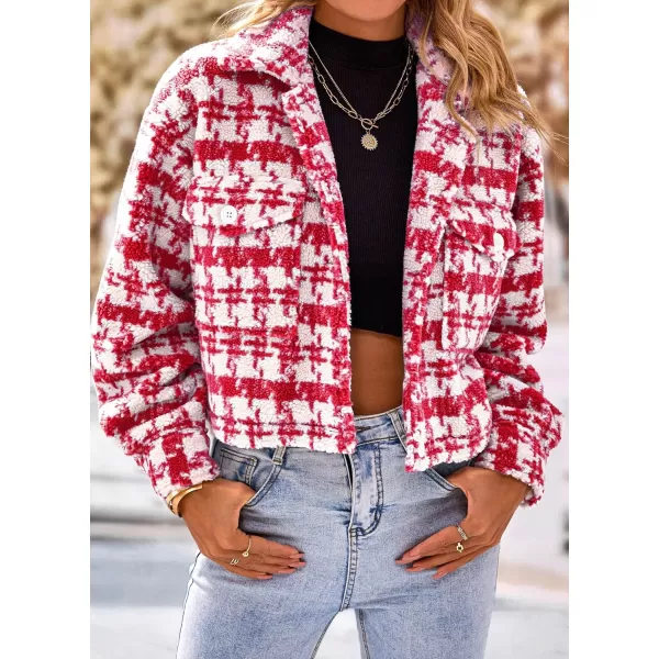 imagePRETTYGARDEN Womens Fall Plaid Shacket Jacket Faux Fur Lapel Open Front Cropped Winter Coats OuterwearRed