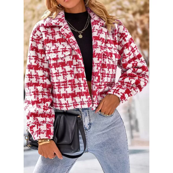imagePRETTYGARDEN Womens Fall Plaid Shacket Jacket Faux Fur Lapel Open Front Cropped Winter Coats OuterwearRed