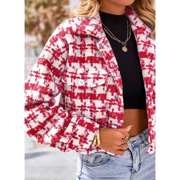 imagePRETTYGARDEN Womens Fall Plaid Shacket Jacket Faux Fur Lapel Open Front Cropped Winter Coats OuterwearRed