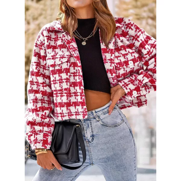 imagePRETTYGARDEN Womens Fall Plaid Shacket Jacket Faux Fur Lapel Open Front Cropped Winter Coats OuterwearRed
