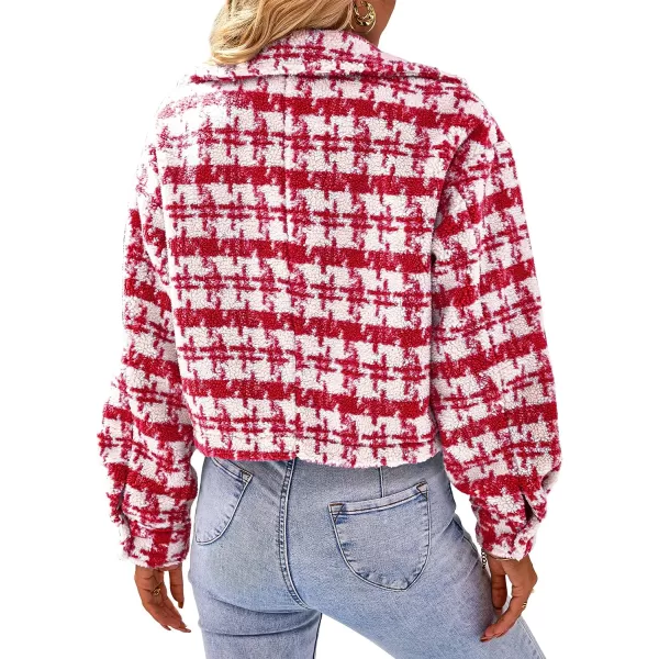 imagePRETTYGARDEN Womens Fall Plaid Shacket Jacket Faux Fur Lapel Open Front Cropped Winter Coats OuterwearRed