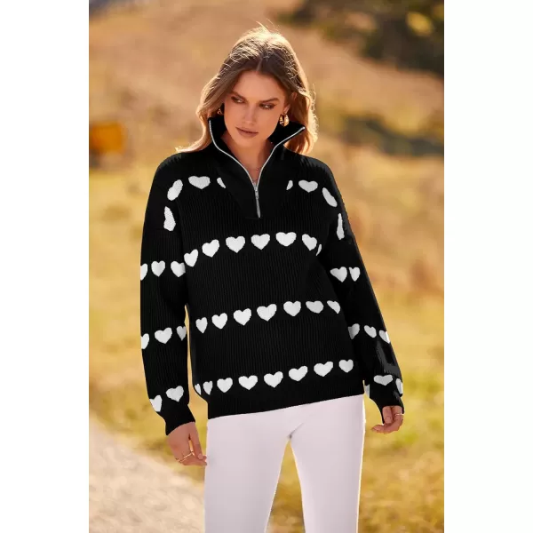 imagePRETTYGARDEN Womens Fall Pullover Heart Sweaters Casual Long Sleeve Ribbed Knit Zip Up Collared Tops BlouseBlack White Heart