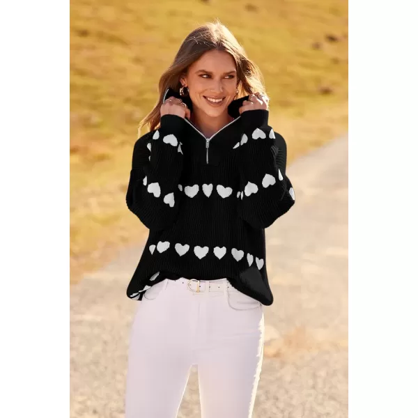 imagePRETTYGARDEN Womens Fall Pullover Heart Sweaters Casual Long Sleeve Ribbed Knit Zip Up Collared Tops BlouseBlack White Heart