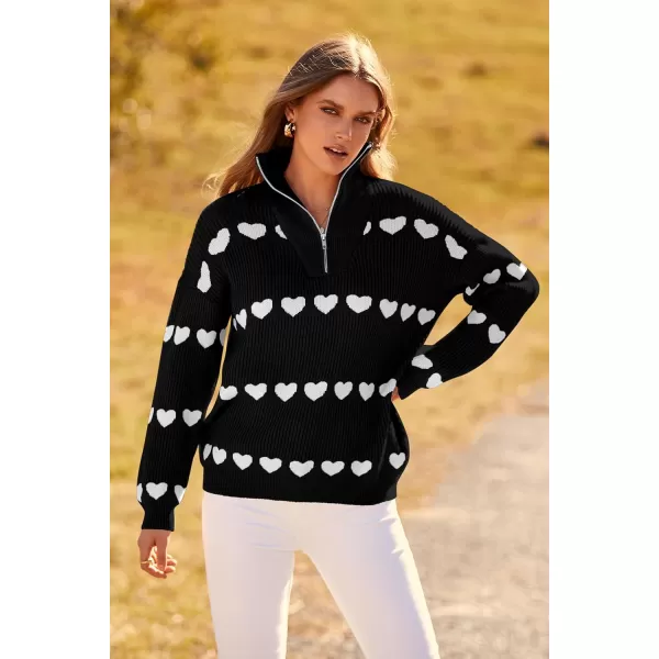 imagePRETTYGARDEN Womens Fall Pullover Heart Sweaters Casual Long Sleeve Ribbed Knit Zip Up Collared Tops BlouseBlack White Heart