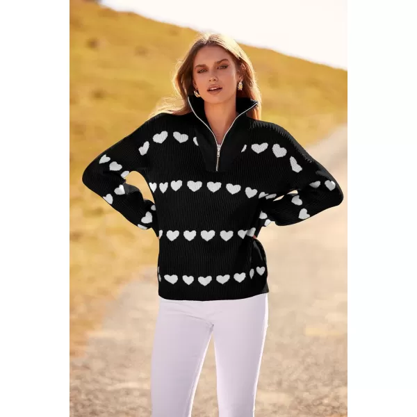 imagePRETTYGARDEN Womens Fall Pullover Heart Sweaters Casual Long Sleeve Ribbed Knit Zip Up Collared Tops BlouseBlack White Heart