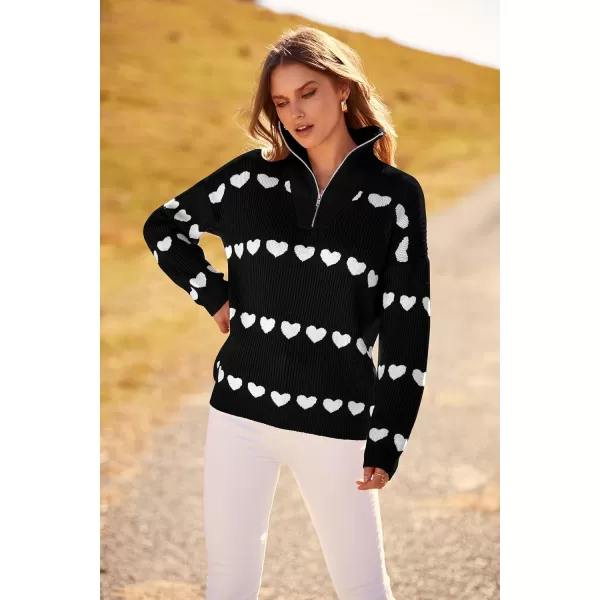 imagePRETTYGARDEN Womens Fall Pullover Heart Sweaters Casual Long Sleeve Ribbed Knit Zip Up Collared Tops BlouseBlack White Heart
