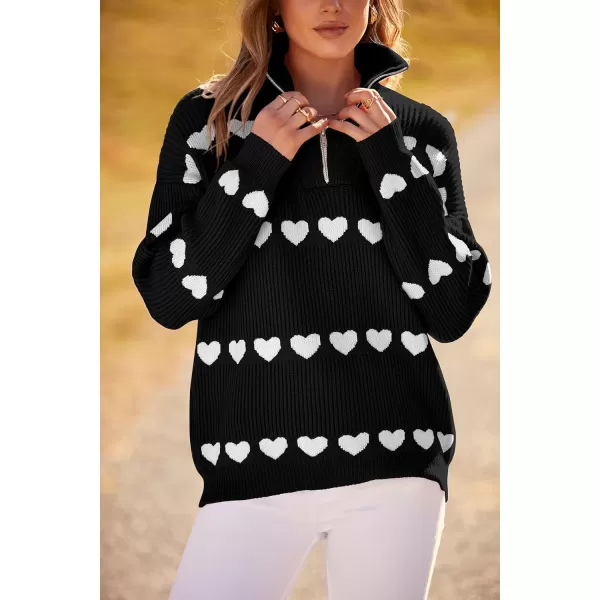 imagePRETTYGARDEN Womens Fall Pullover Heart Sweaters Casual Long Sleeve Ribbed Knit Zip Up Collared Tops BlouseBlack White Heart
