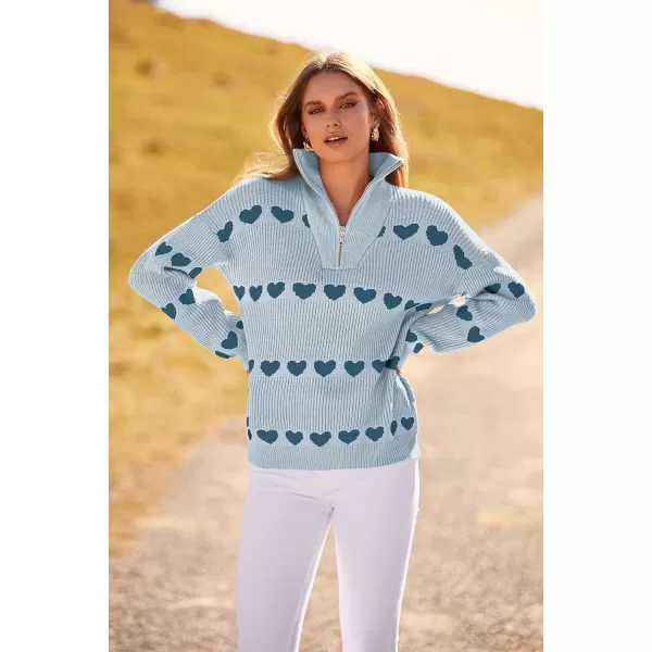 imagePRETTYGARDEN Womens Fall Pullover Heart Sweaters Casual Long Sleeve Ribbed Knit Zip Up Collared Tops BlouseGrey Blue