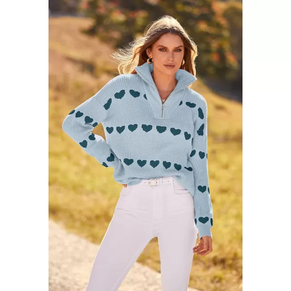 imagePRETTYGARDEN Womens Fall Pullover Heart Sweaters Casual Long Sleeve Ribbed Knit Zip Up Collared Tops BlouseGrey Blue