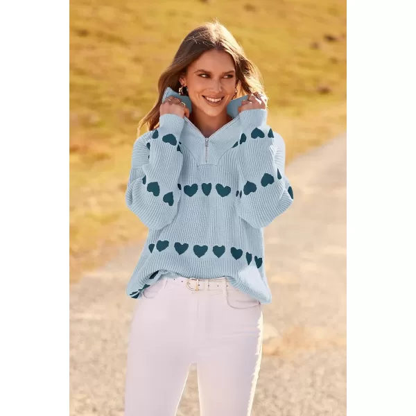 imagePRETTYGARDEN Womens Fall Pullover Heart Sweaters Casual Long Sleeve Ribbed Knit Zip Up Collared Tops BlouseGrey Blue