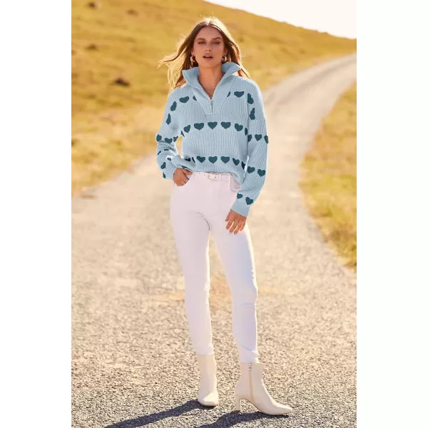 imagePRETTYGARDEN Womens Fall Pullover Heart Sweaters Casual Long Sleeve Ribbed Knit Zip Up Collared Tops BlouseGrey Blue