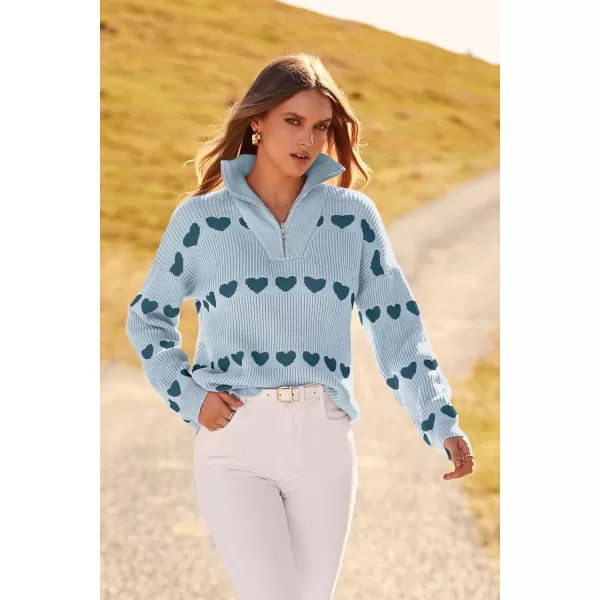 imagePRETTYGARDEN Womens Fall Pullover Heart Sweaters Casual Long Sleeve Ribbed Knit Zip Up Collared Tops BlouseGrey Blue