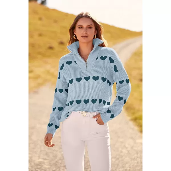 imagePRETTYGARDEN Womens Fall Pullover Heart Sweaters Casual Long Sleeve Ribbed Knit Zip Up Collared Tops BlouseGrey Blue