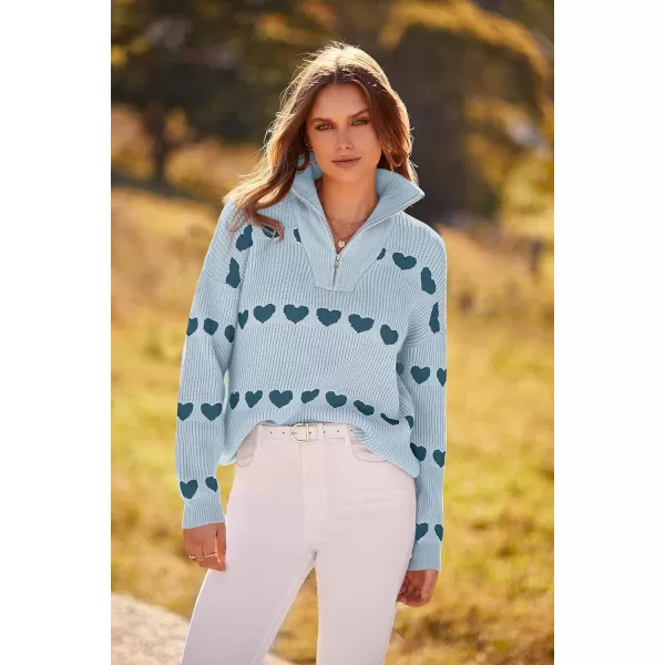 imagePRETTYGARDEN Womens Fall Pullover Heart Sweaters Casual Long Sleeve Ribbed Knit Zip Up Collared Tops BlouseGrey Blue