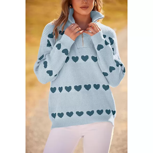 imagePRETTYGARDEN Womens Fall Pullover Heart Sweaters Casual Long Sleeve Ribbed Knit Zip Up Collared Tops BlouseGrey Blue