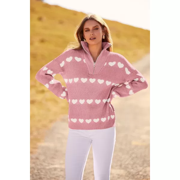 imagePRETTYGARDEN Womens Fall Pullover Heart Sweaters Casual Long Sleeve Ribbed Knit Zip Up Collared Tops BlouseLight Pink White Heart