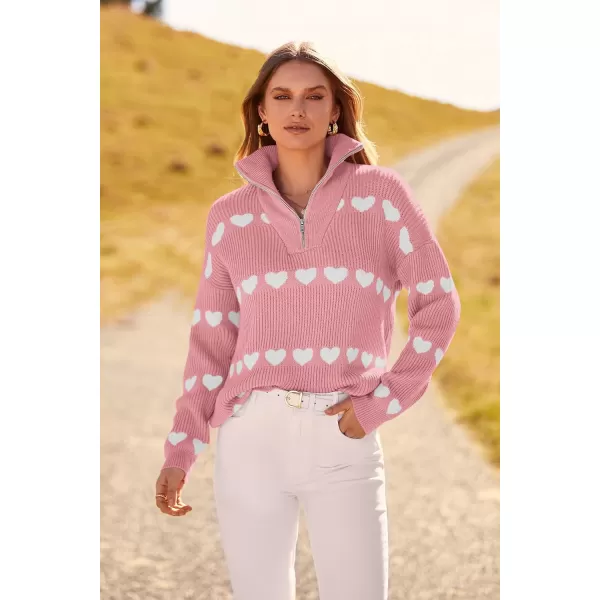 imagePRETTYGARDEN Womens Fall Pullover Heart Sweaters Casual Long Sleeve Ribbed Knit Zip Up Collared Tops BlouseLight Pink White Heart