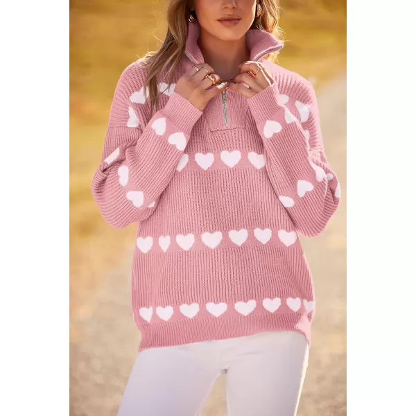 imagePRETTYGARDEN Womens Fall Pullover Heart Sweaters Casual Long Sleeve Ribbed Knit Zip Up Collared Tops BlouseLight Pink White Heart