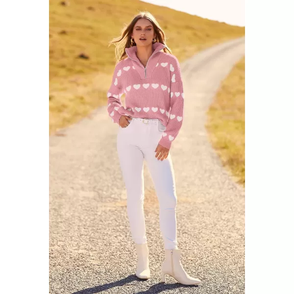 imagePRETTYGARDEN Womens Fall Pullover Heart Sweaters Casual Long Sleeve Ribbed Knit Zip Up Collared Tops BlouseLight Pink White Heart