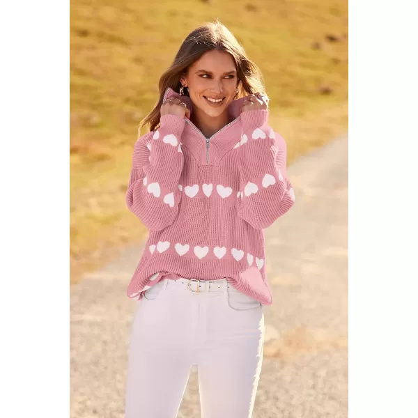 imagePRETTYGARDEN Womens Fall Pullover Heart Sweaters Casual Long Sleeve Ribbed Knit Zip Up Collared Tops BlouseLight Pink White Heart