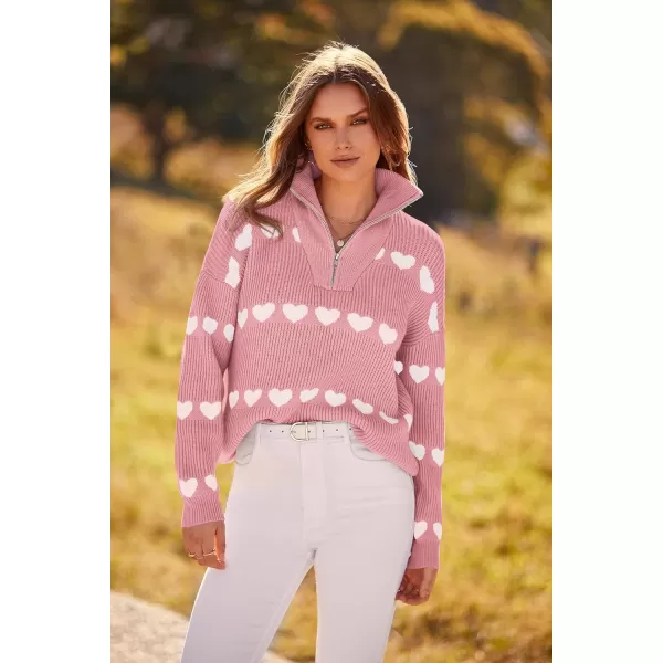 imagePRETTYGARDEN Womens Fall Pullover Heart Sweaters Casual Long Sleeve Ribbed Knit Zip Up Collared Tops BlouseLight Pink White Heart