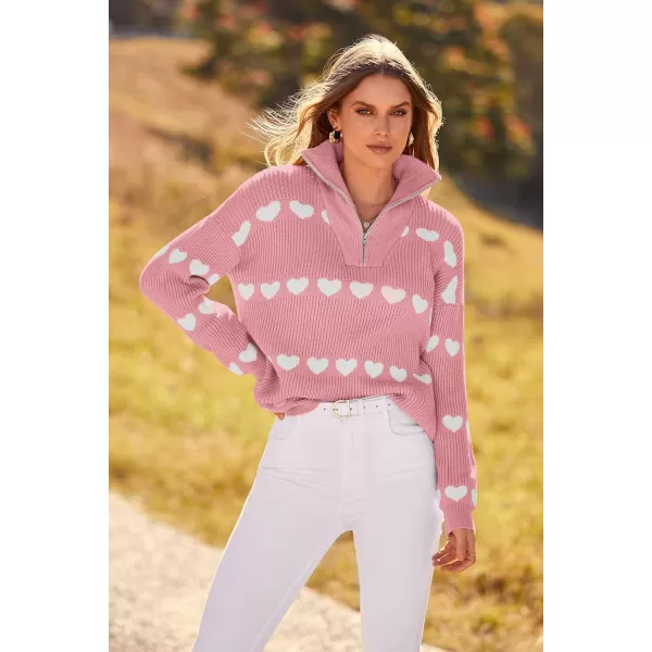 imagePRETTYGARDEN Womens Fall Pullover Heart Sweaters Casual Long Sleeve Ribbed Knit Zip Up Collared Tops BlouseLight Pink White Heart