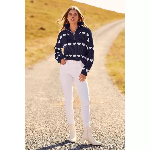 imagePRETTYGARDEN Womens Fall Pullover Heart Sweaters Casual Long Sleeve Ribbed Knit Zip Up Collared Tops BlouseNavy White Heart
