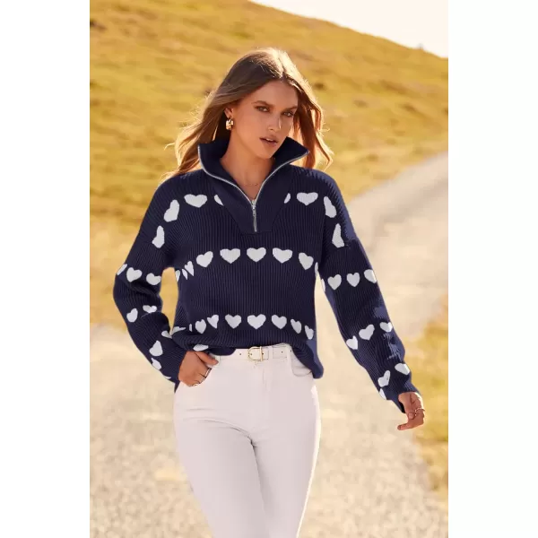 imagePRETTYGARDEN Womens Fall Pullover Heart Sweaters Casual Long Sleeve Ribbed Knit Zip Up Collared Tops BlouseNavy White Heart