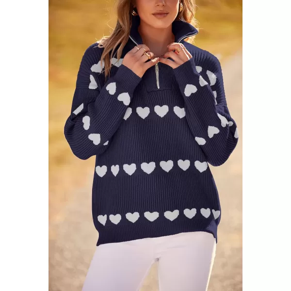 imagePRETTYGARDEN Womens Fall Pullover Heart Sweaters Casual Long Sleeve Ribbed Knit Zip Up Collared Tops BlouseNavy White Heart