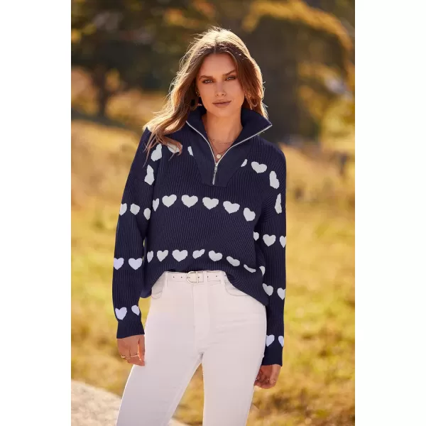 imagePRETTYGARDEN Womens Fall Pullover Heart Sweaters Casual Long Sleeve Ribbed Knit Zip Up Collared Tops BlouseNavy White Heart