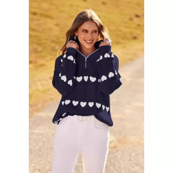 imagePRETTYGARDEN Womens Fall Pullover Heart Sweaters Casual Long Sleeve Ribbed Knit Zip Up Collared Tops BlouseNavy White Heart