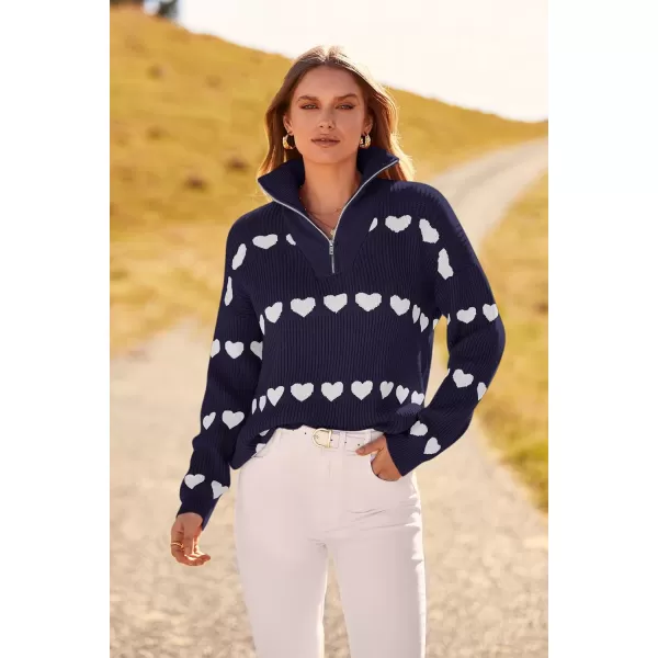 imagePRETTYGARDEN Womens Fall Pullover Heart Sweaters Casual Long Sleeve Ribbed Knit Zip Up Collared Tops BlouseNavy White Heart