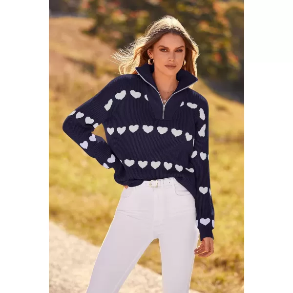imagePRETTYGARDEN Womens Fall Pullover Heart Sweaters Casual Long Sleeve Ribbed Knit Zip Up Collared Tops BlouseNavy White Heart