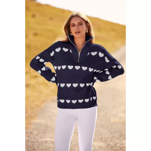 imagePRETTYGARDEN Womens Fall Pullover Heart Sweaters Casual Long Sleeve Ribbed Knit Zip Up Collared Tops BlouseNavy White Heart