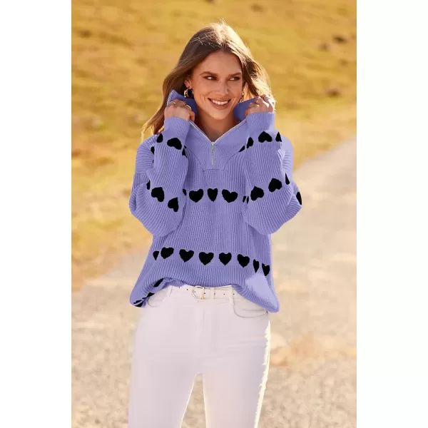 imagePRETTYGARDEN Womens Fall Pullover Heart Sweaters Casual Long Sleeve Ribbed Knit Zip Up Collared Tops BlousePurple Black Heart