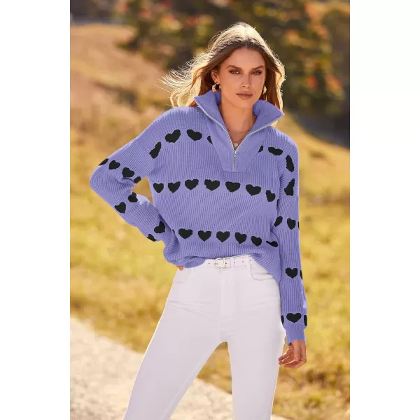 imagePRETTYGARDEN Womens Fall Pullover Heart Sweaters Casual Long Sleeve Ribbed Knit Zip Up Collared Tops BlousePurple Black Heart