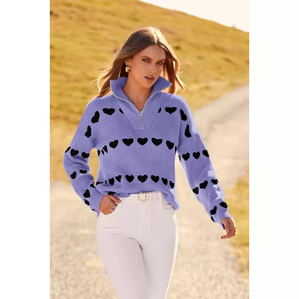 imagePRETTYGARDEN Womens Fall Pullover Heart Sweaters Casual Long Sleeve Ribbed Knit Zip Up Collared Tops BlousePurple Black Heart