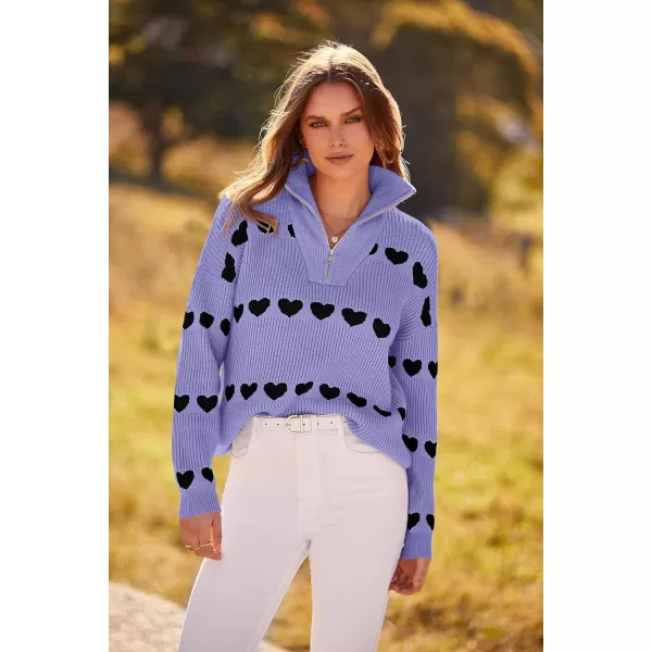 imagePRETTYGARDEN Womens Fall Pullover Heart Sweaters Casual Long Sleeve Ribbed Knit Zip Up Collared Tops BlousePurple Black Heart