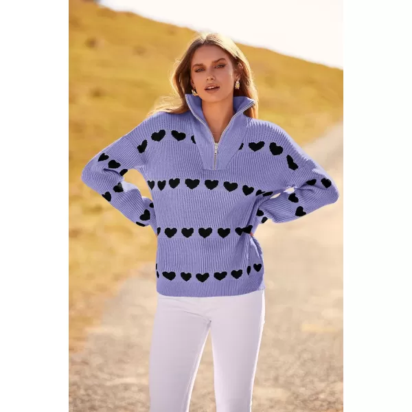 imagePRETTYGARDEN Womens Fall Pullover Heart Sweaters Casual Long Sleeve Ribbed Knit Zip Up Collared Tops BlousePurple Black Heart
