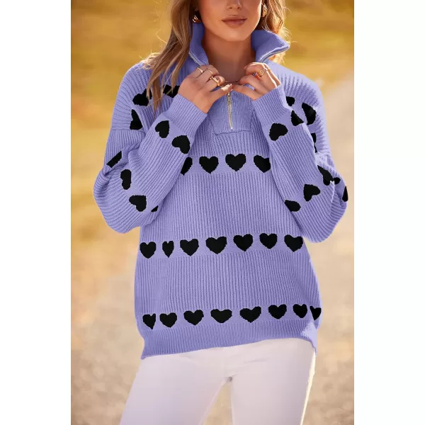 imagePRETTYGARDEN Womens Fall Pullover Heart Sweaters Casual Long Sleeve Ribbed Knit Zip Up Collared Tops BlousePurple Black Heart